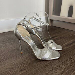 Saint Laurent Jane 105 Sandals Silver Foil Leather Open Toe Stiletto Heel
